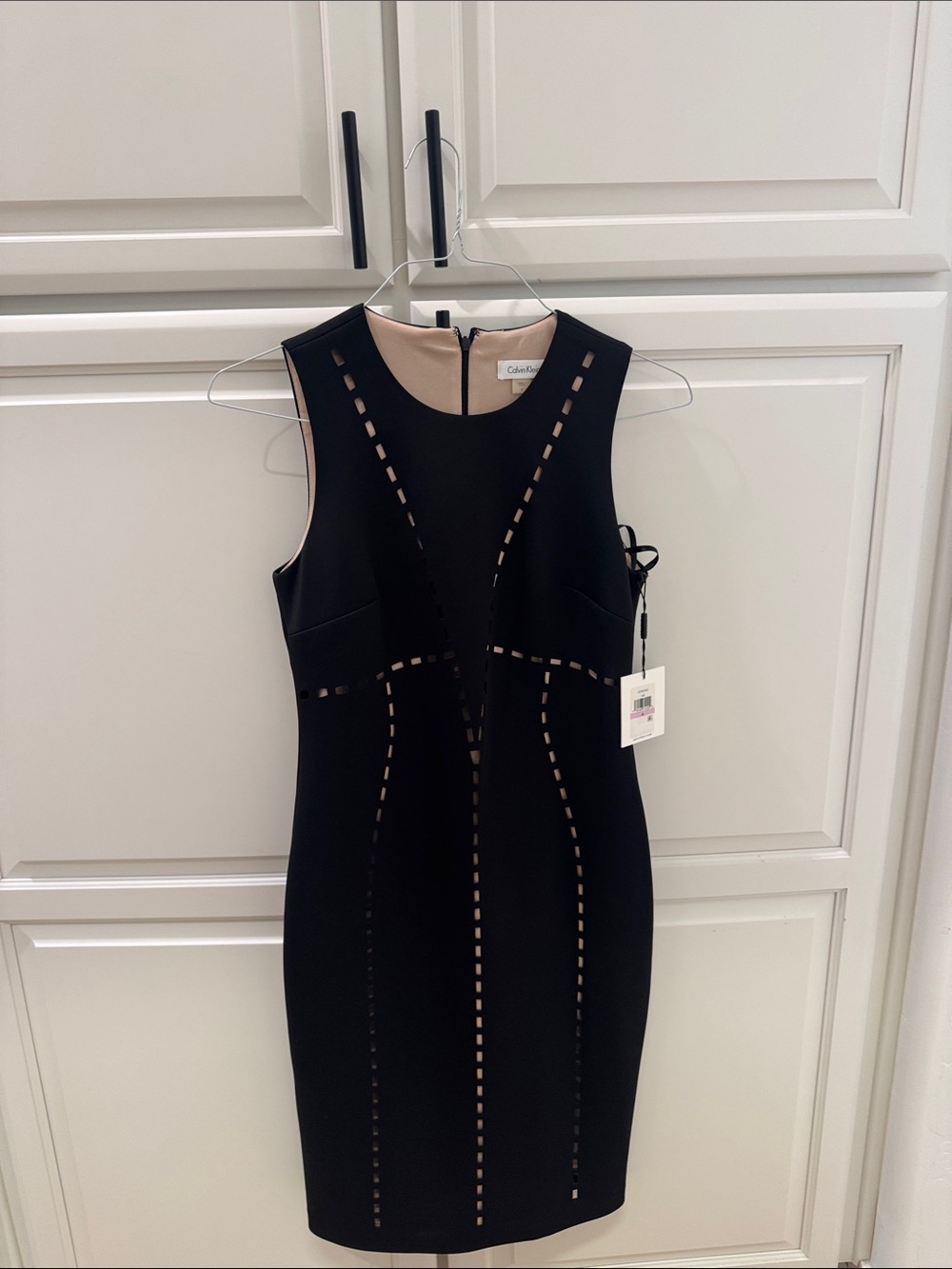 Calvin Klein Black Midi Sheath Dress with Nude Underlay Cutouts